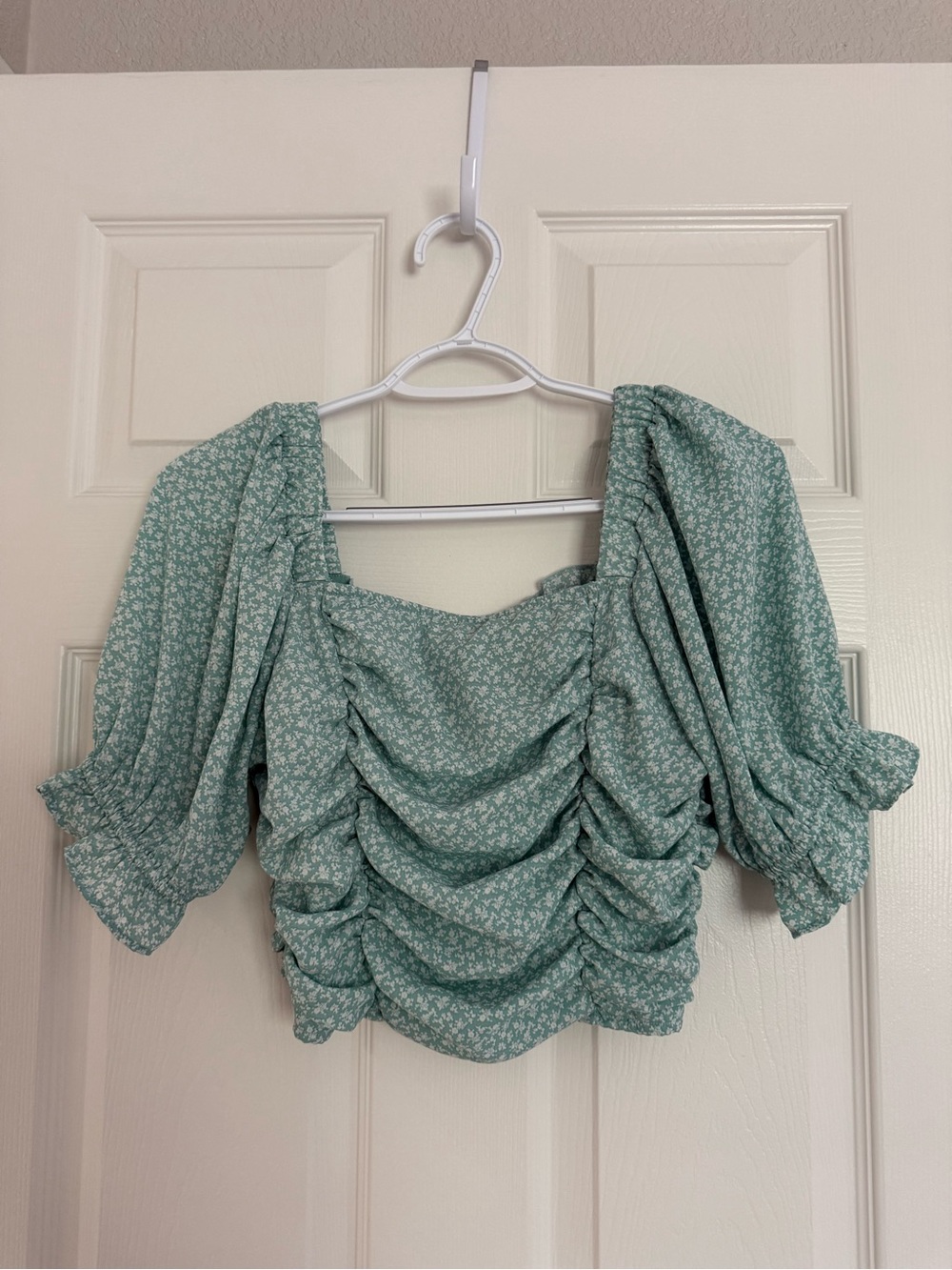 Sage Green Ruched Puff Sleeve Crop Top